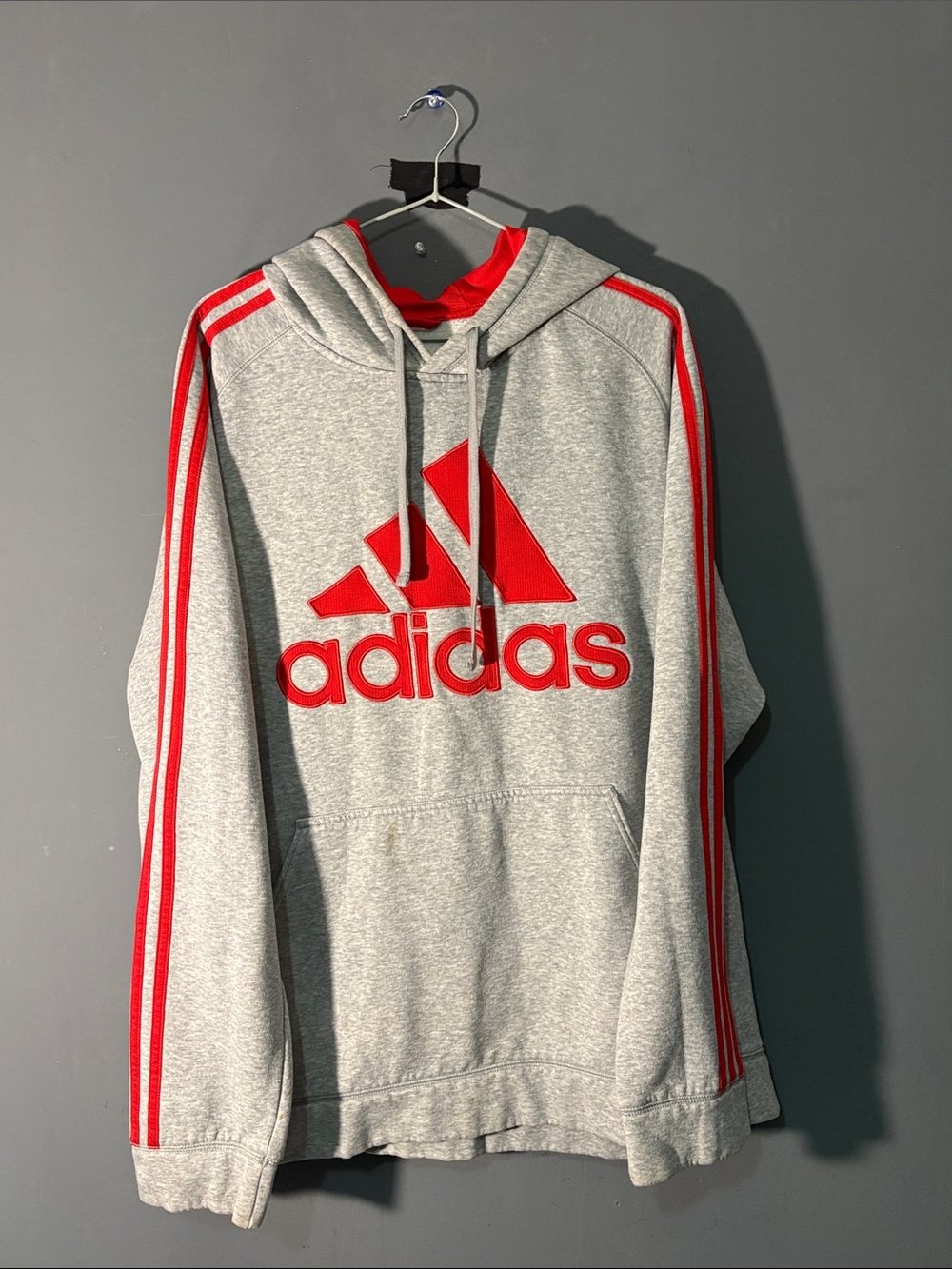 adidas Men's Gray Hooded Sweatshirt with Red Logo & Stripes
